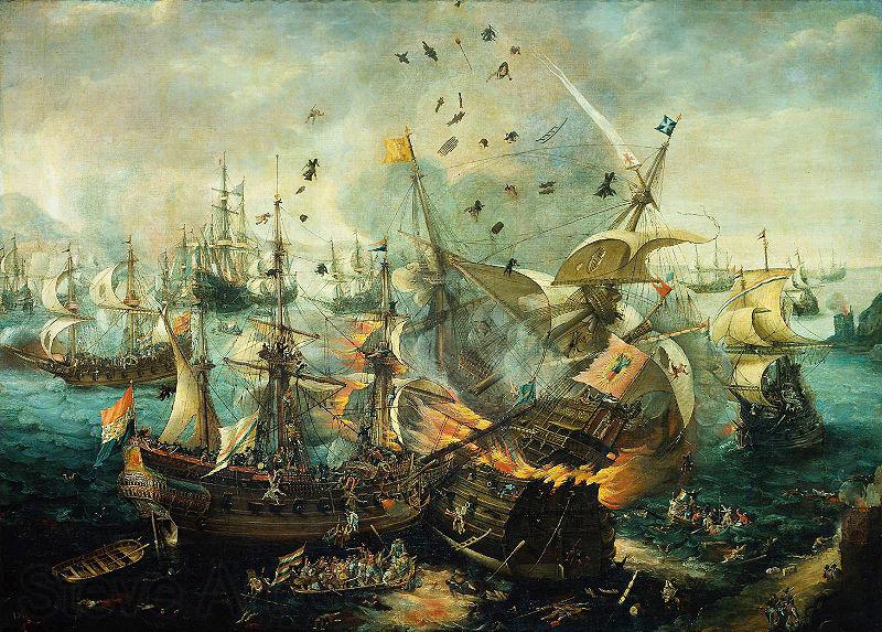 WIERINGEN, Cornelis Claesz van explosion of the Spanish flagship during the Battle of Gibraltar Spain oil painting art